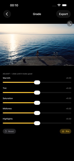 The grade editor with warmth, tint, saturation, midtones and highlights sliders
