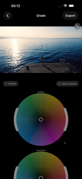 Pro mode with full color wheels for global, midtones, shadows and highlights